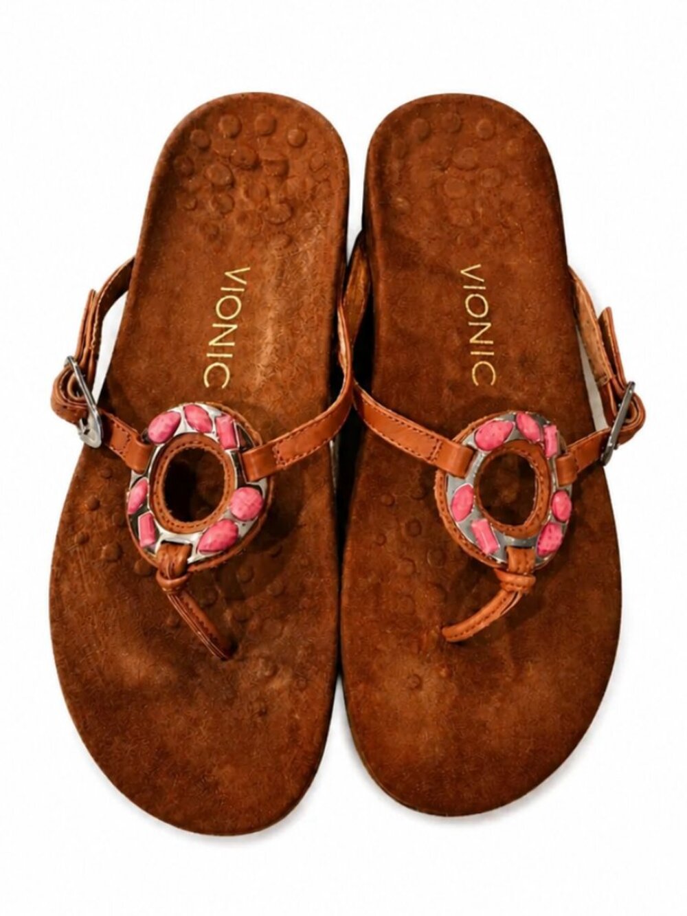 Vionic Ricci Sandals Women’s 6 Brown Leather Pink Jeweled Thong Orthotic Comfort
